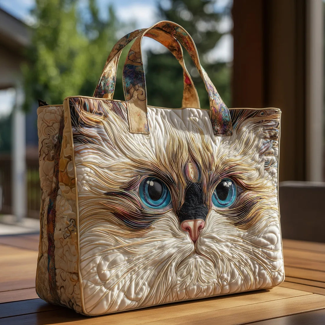 Handcrafted Tote Bag - White Cat with Blue Eyes Design