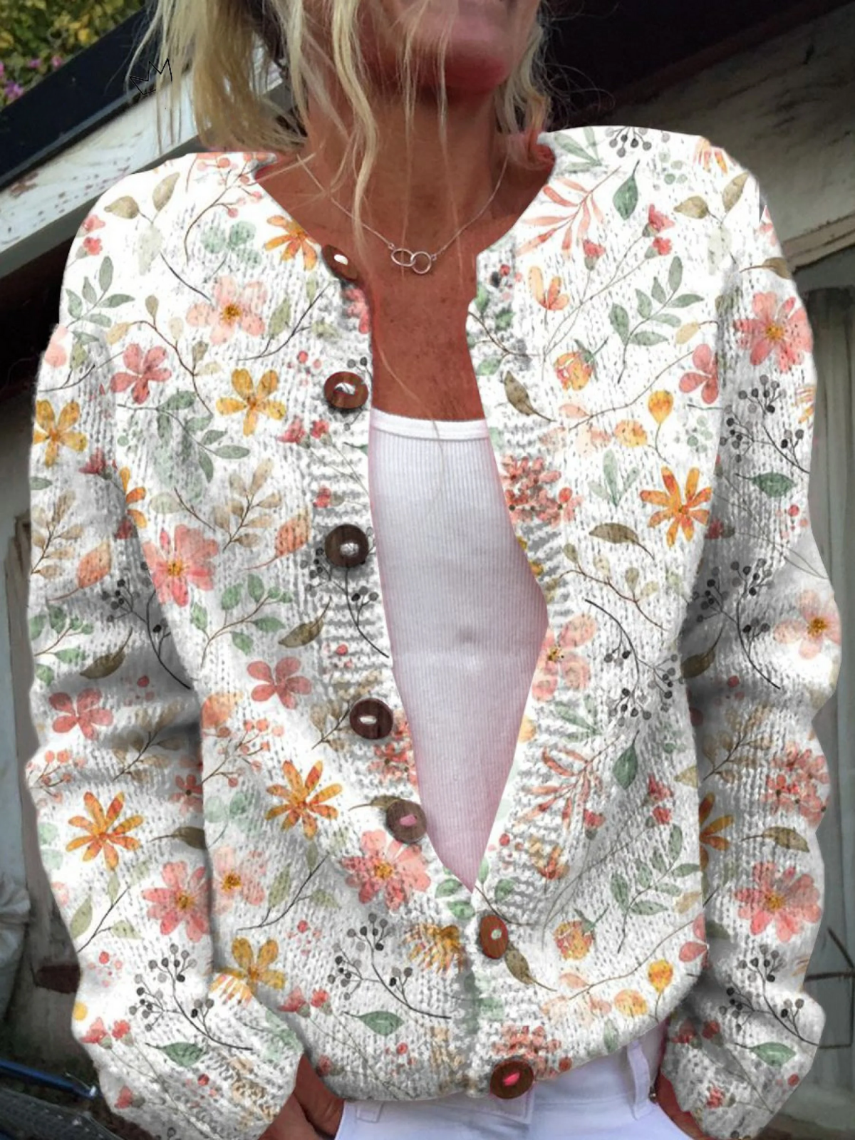 Greta | Watercolour Floral Knit Cardigan with Wooden Buttons