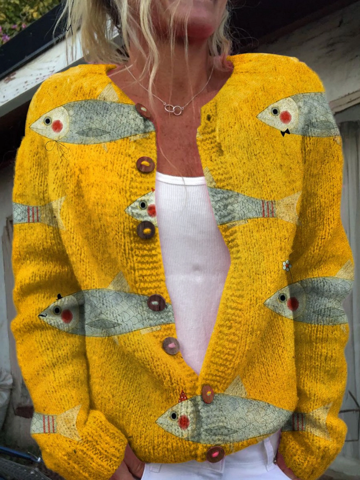 Anouk | Golden Knit Cardigan with Fish Print and Round Buttons