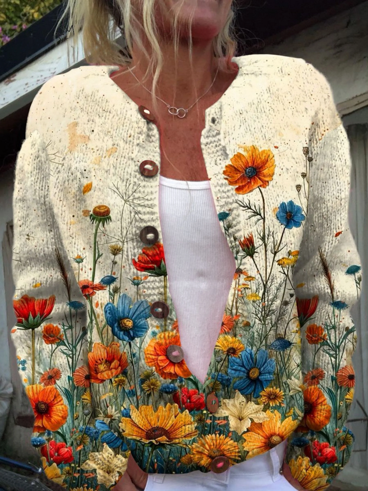 Tansy | Buttoned Knit Cardigan with Wildflower Print
