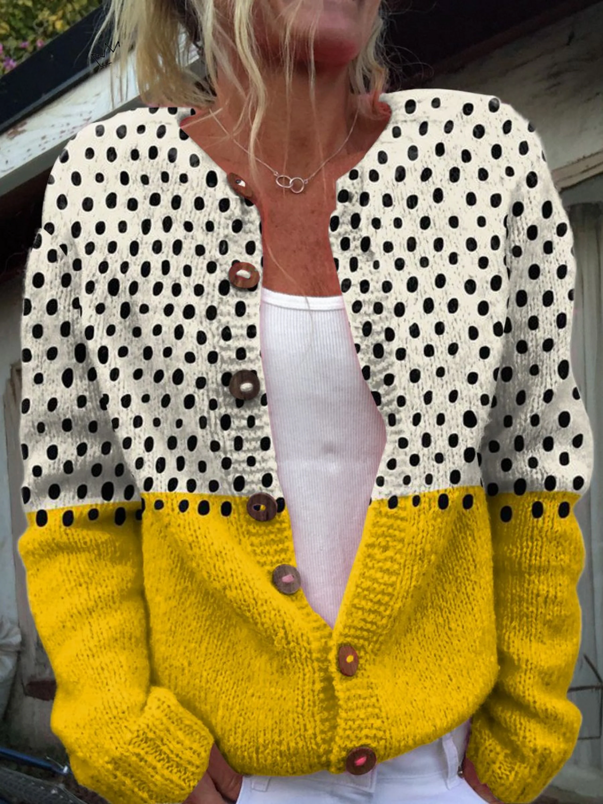 Junella | Colourful Polka Dot Knit Cardigan with Wooden Buttons