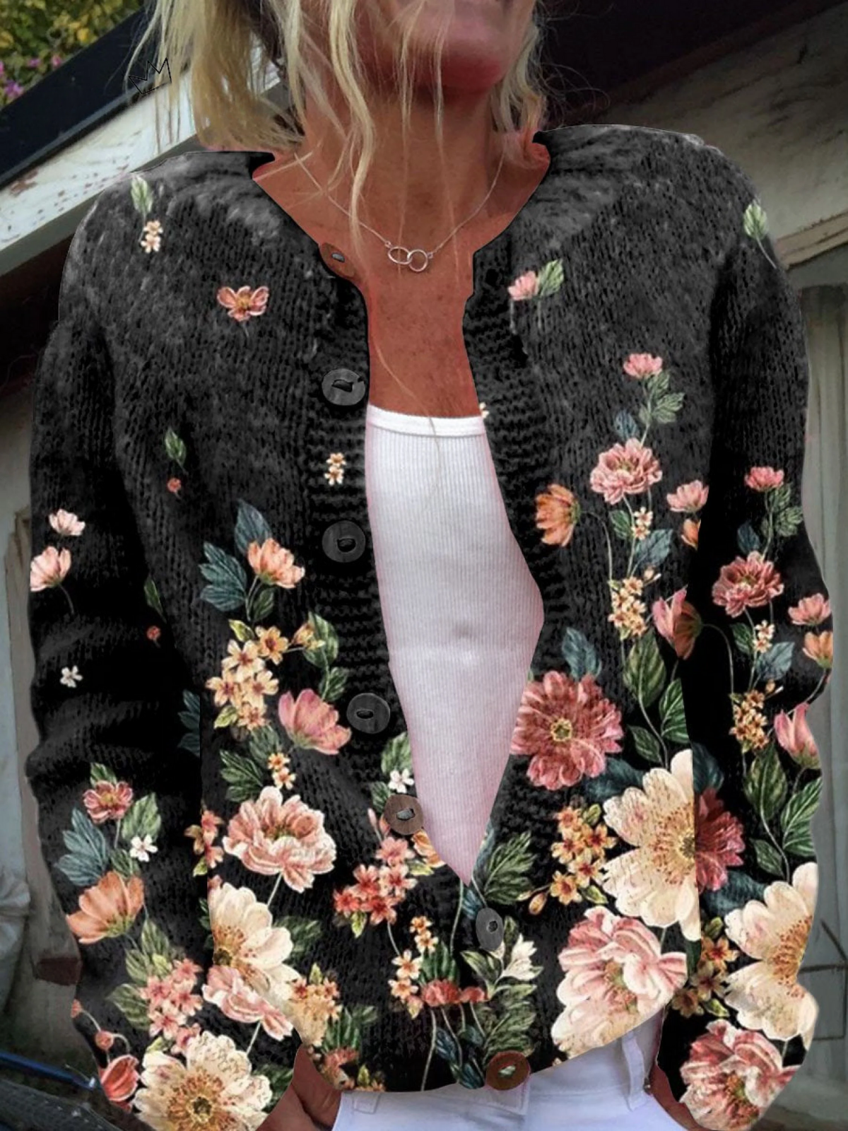 Kivara | Botanical Buttoned Knit Cardigan on Black Background