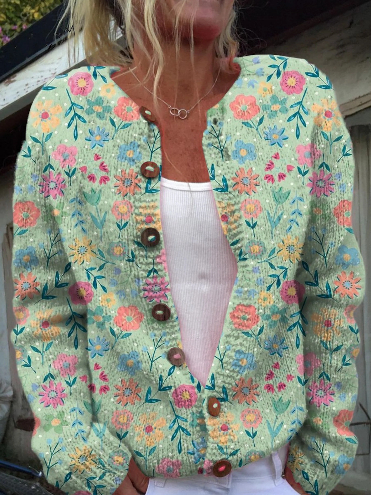 Foxfield | Pastel Floral Pattern Knit Cardigan with Wooden Buttons