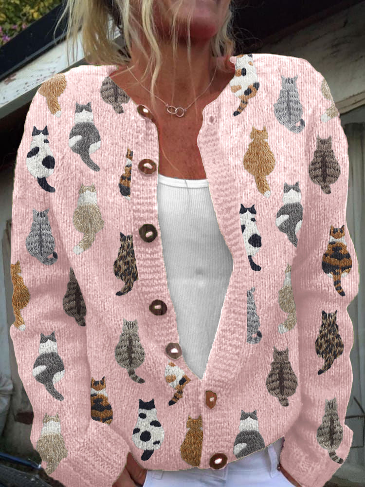 Charlotte | Soft Knit Button Cardigan with Cat Print