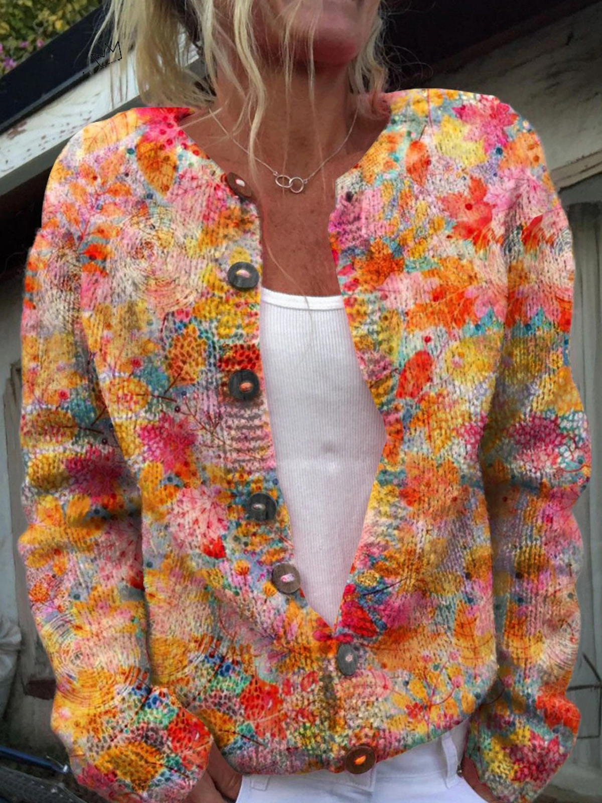 Helena | Knitted Cardigan with Buttons and Painted Floral Print