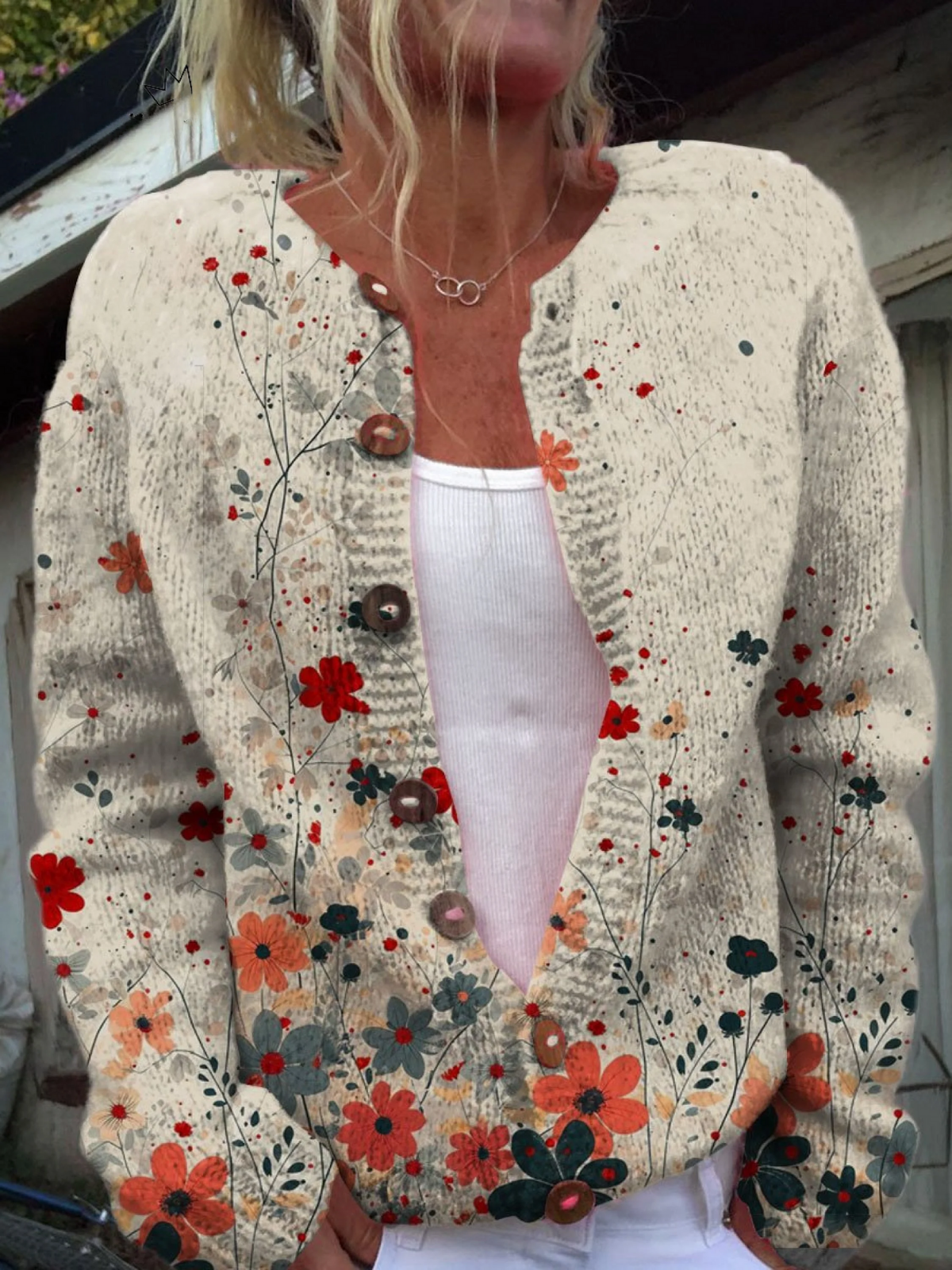 Sabrina | Ribbed Knit Cardigan with Cascading Floral Buttons