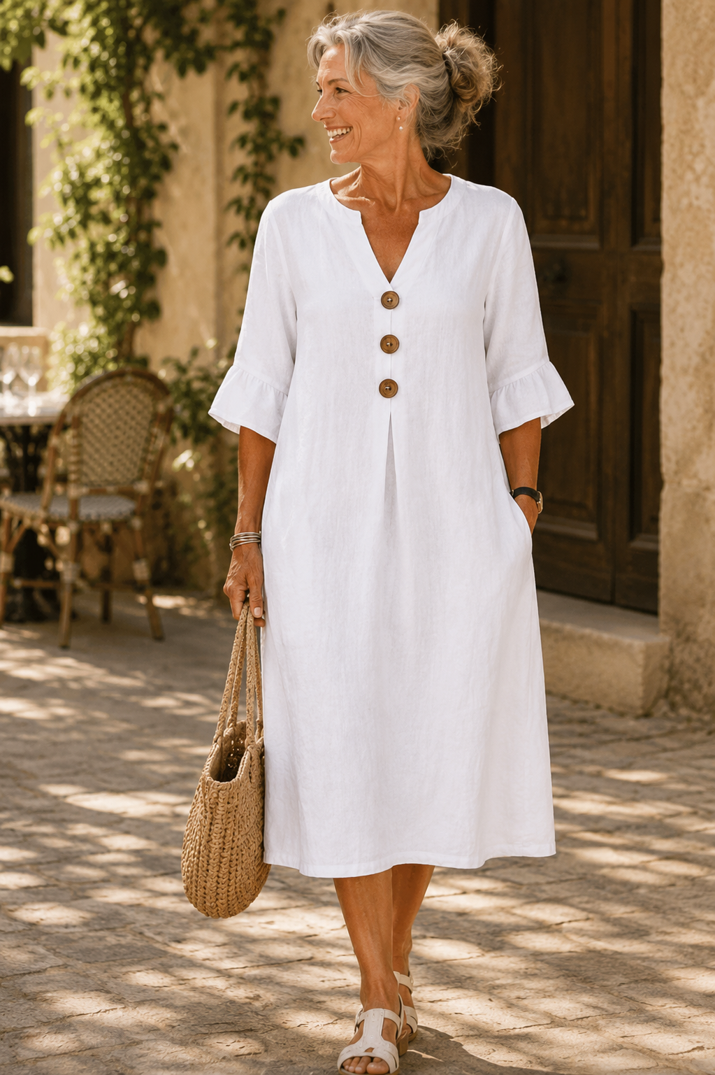 Buttoned Dress with Flared Sleeves Nicole