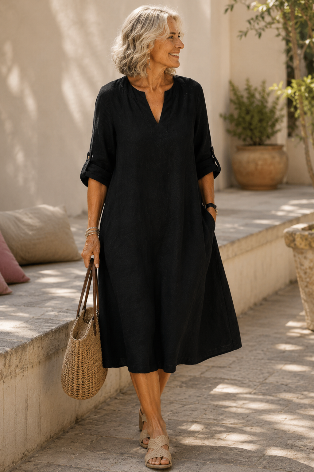 Straight Dress with Rolled-Up Sleeves Pauline
