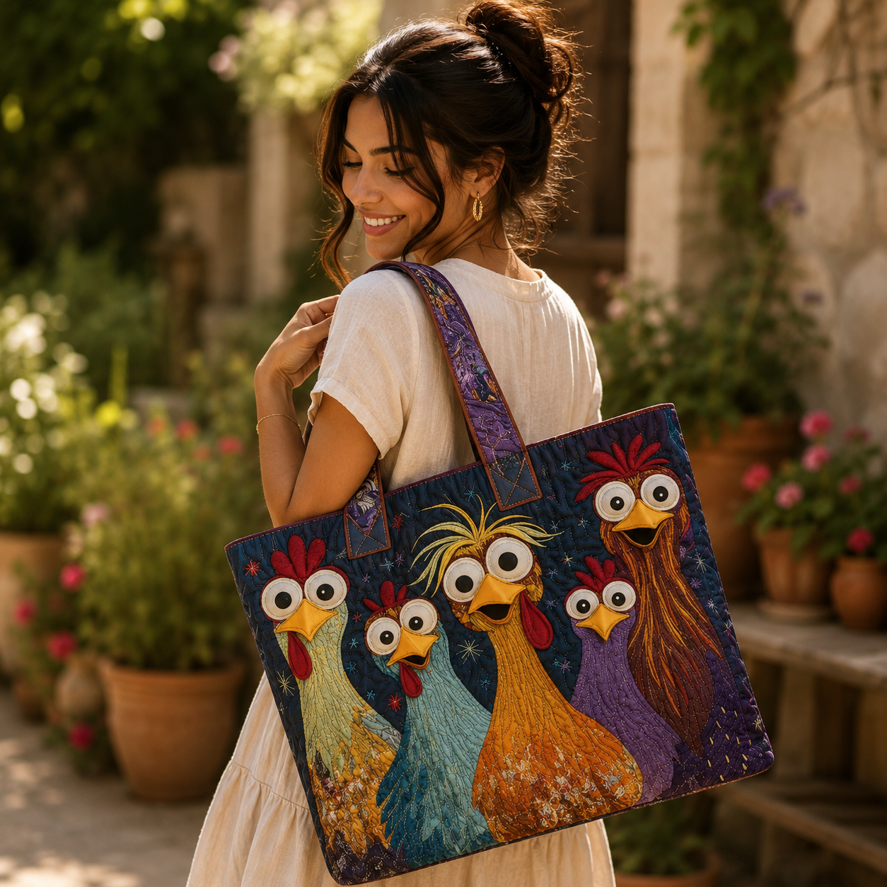 Handcrafted Bag - Featuring Five Vibrant Chickens