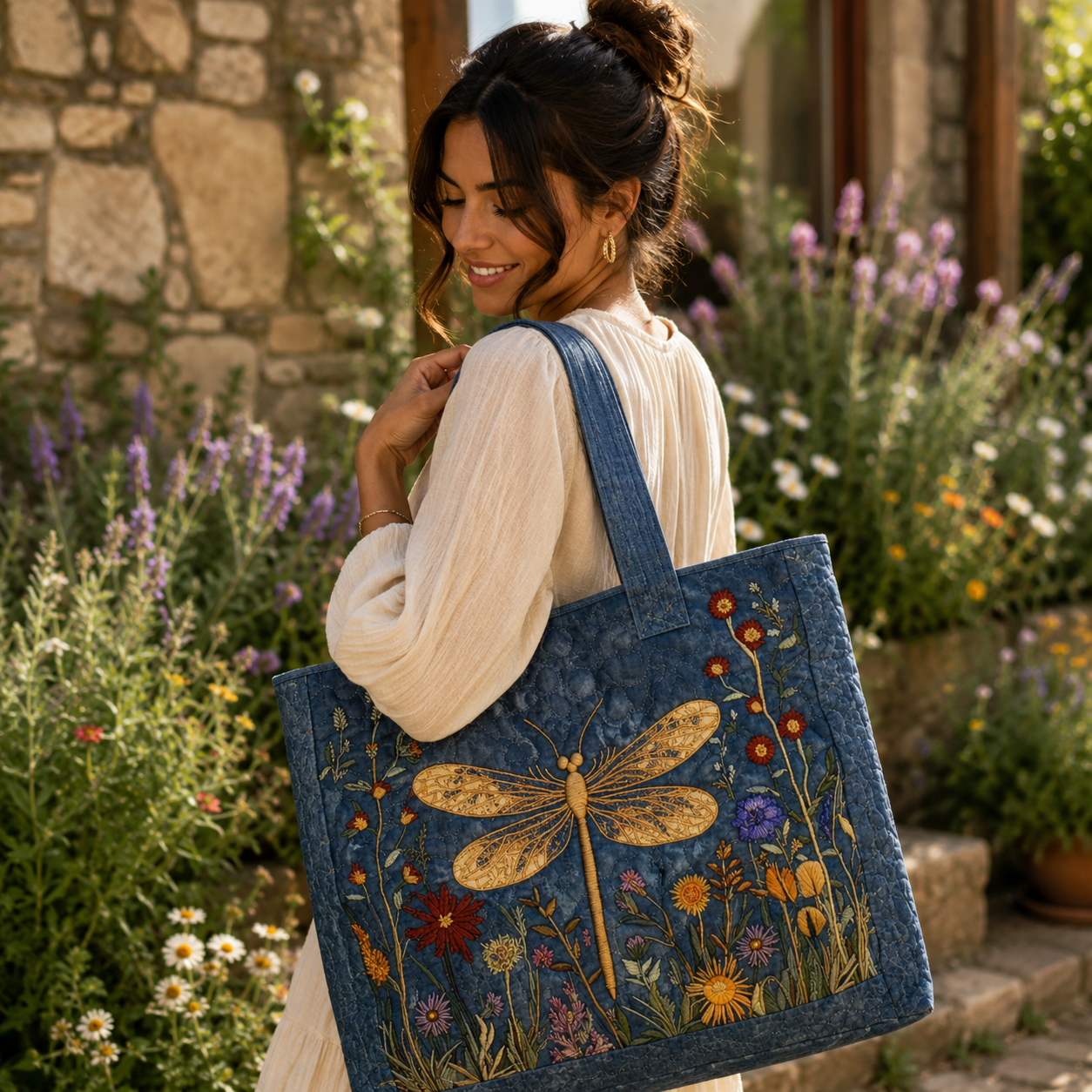 Golden Dragonfly Quilted Tote