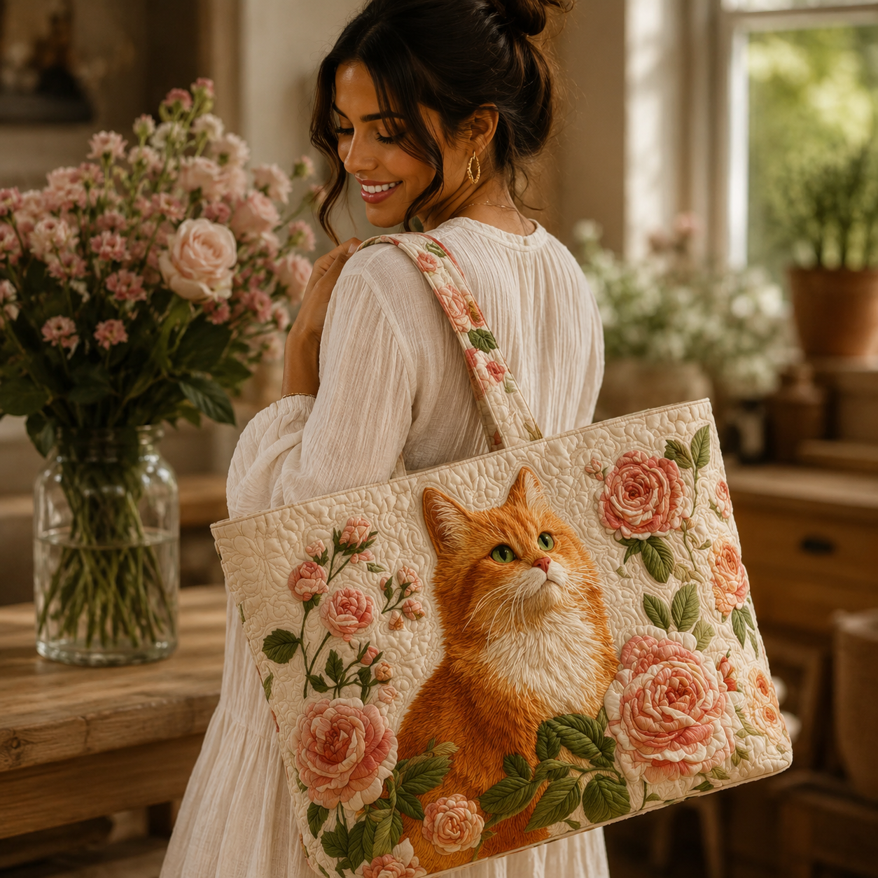 Handcrafted Bag - Ginger Cat Surrounded by Roses