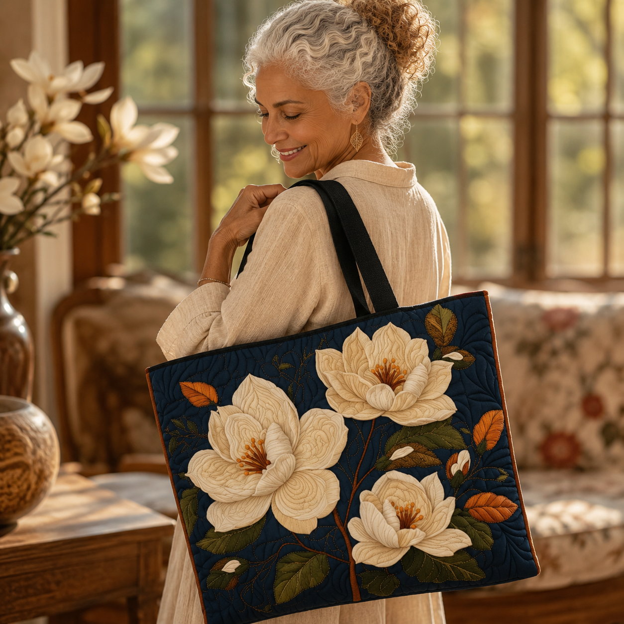 Handcrafted Quilted Bag - Elegant Magnolia Design
