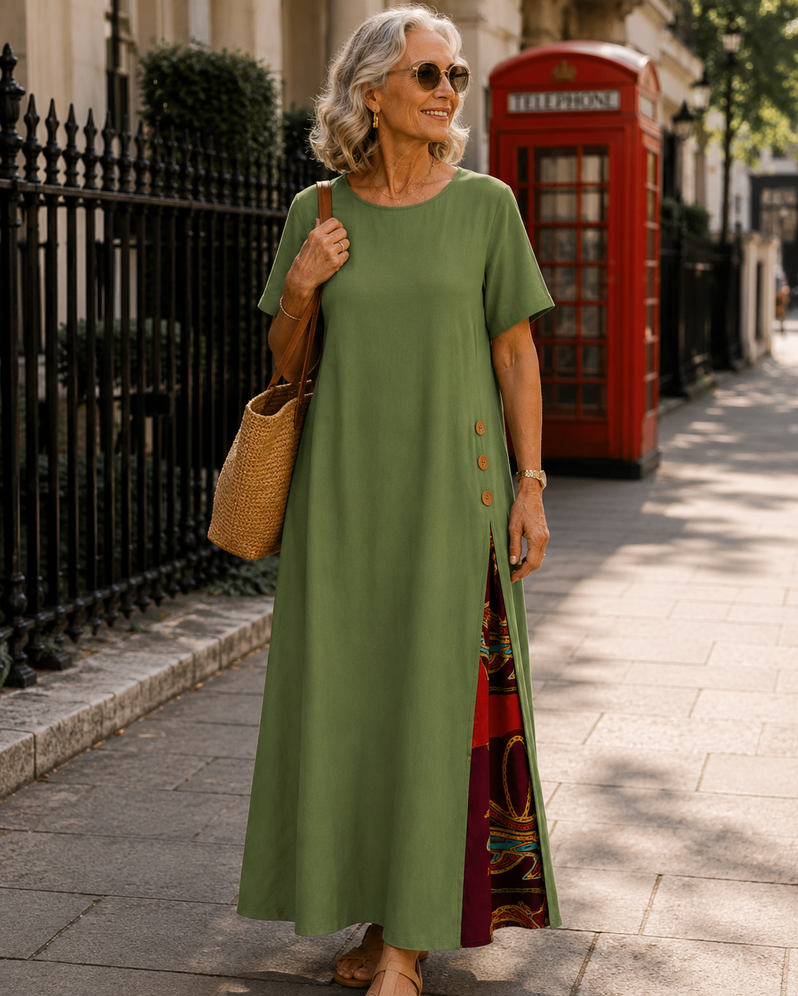 Maurene – Olive Green | Casual Long Dress with Linen Effect