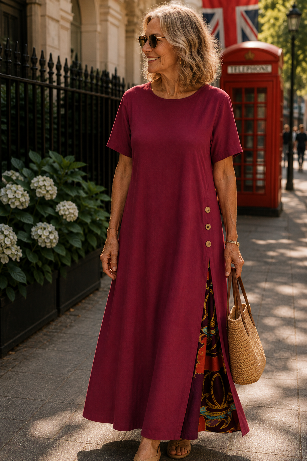 Maurene – Bordeaux | Casual Long Dress with Linen Effect