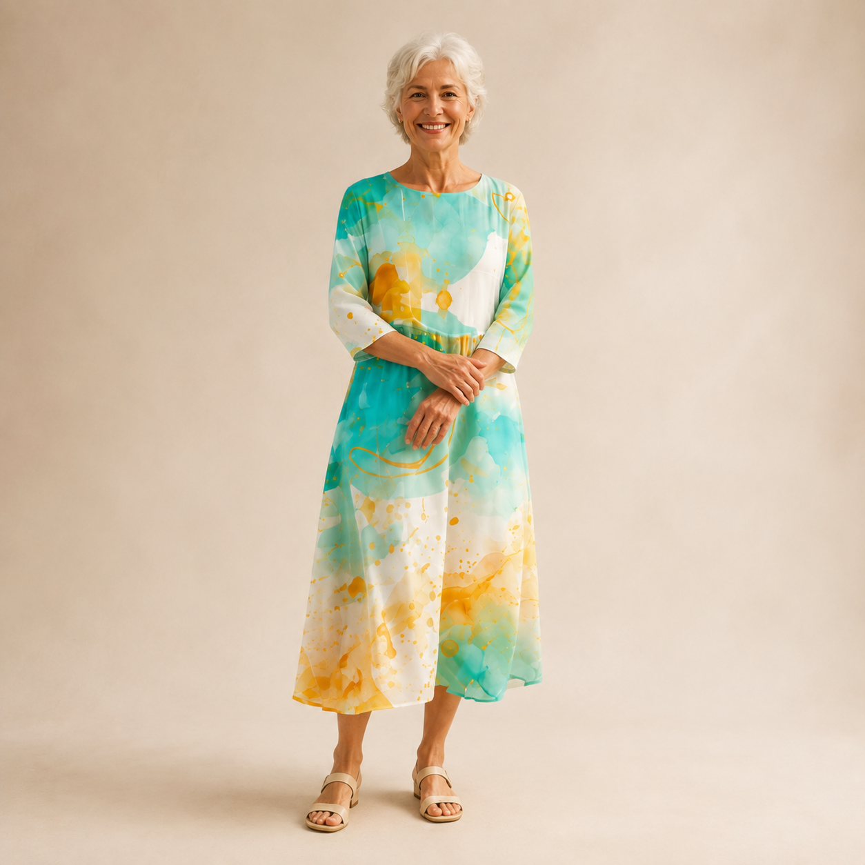 Watercolour | Flared Sleeve Midi Dress