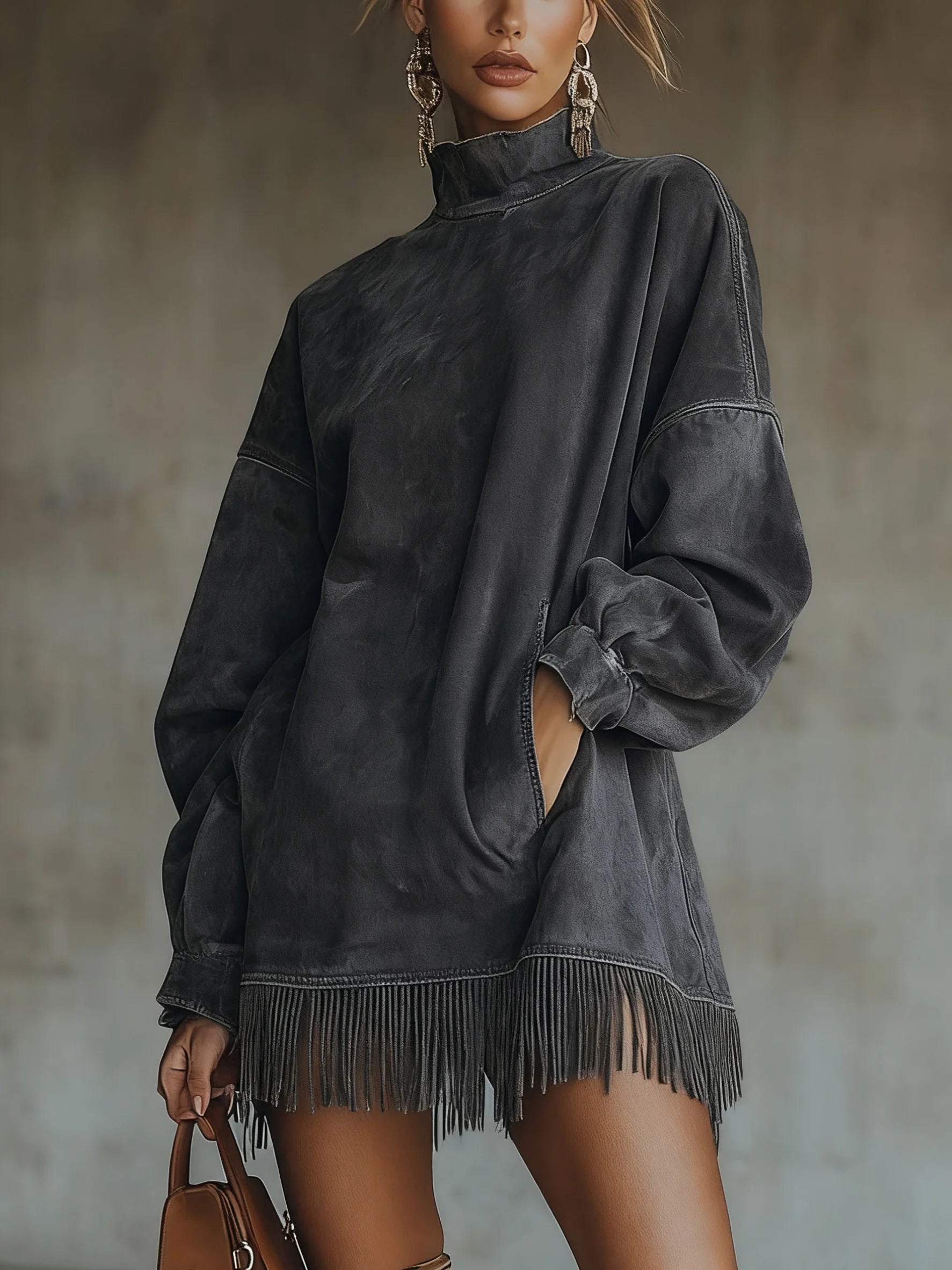 LAVINIA FAUX SUEDE TURTLENECK DRESS WITH FRINGE HEM