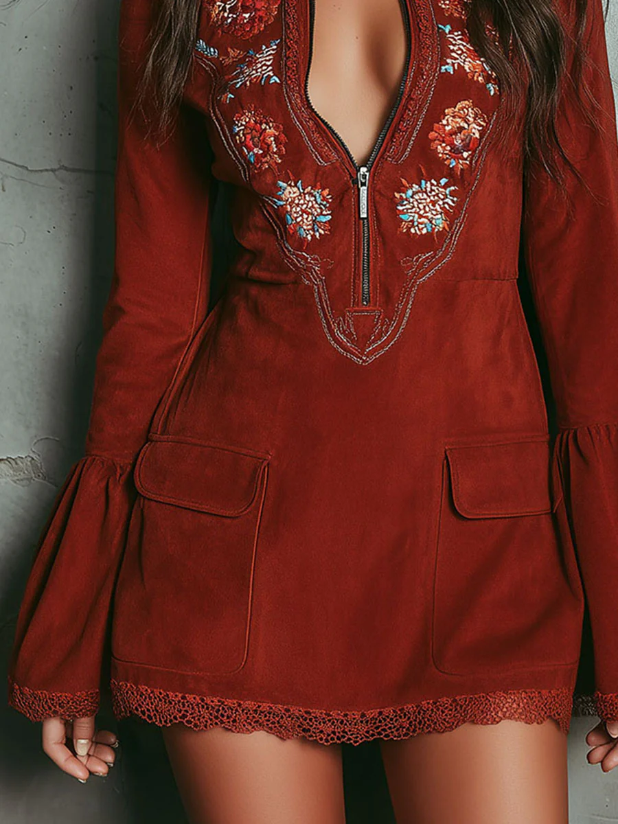 AUROLIA VINTAGE RUST RED BELL SLEEVE EMBROIDERED FAUX SUEDE LACE MINI DRESS