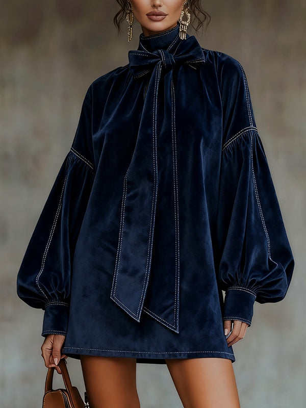 ELAINE | DARK BLUE VELVET MINI DRESS WITH BOW AND LANTERN SLEEVES