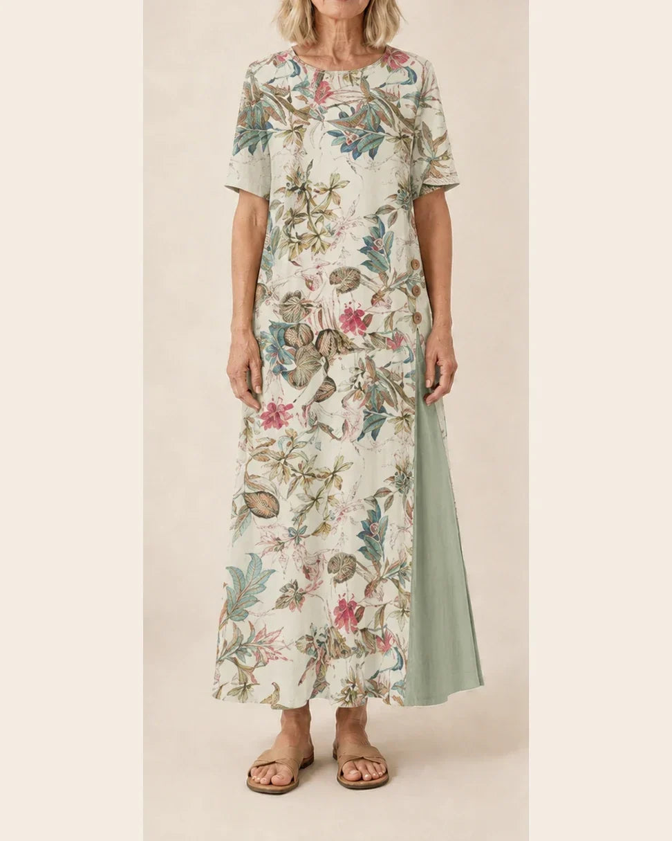 Maurene – Pastel Floral Print | Casual Long Linen Effect Dress