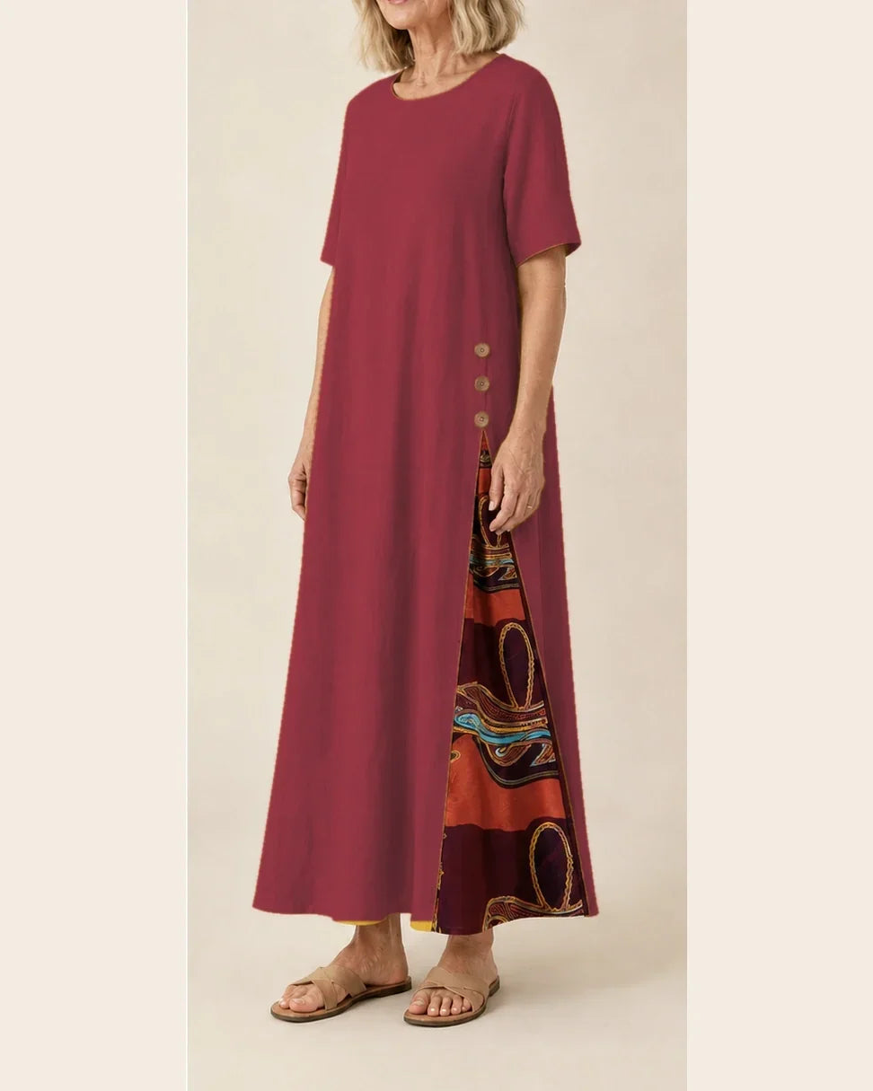 Maurene – Bordeaux | Casual Long Dress with Linen Effect