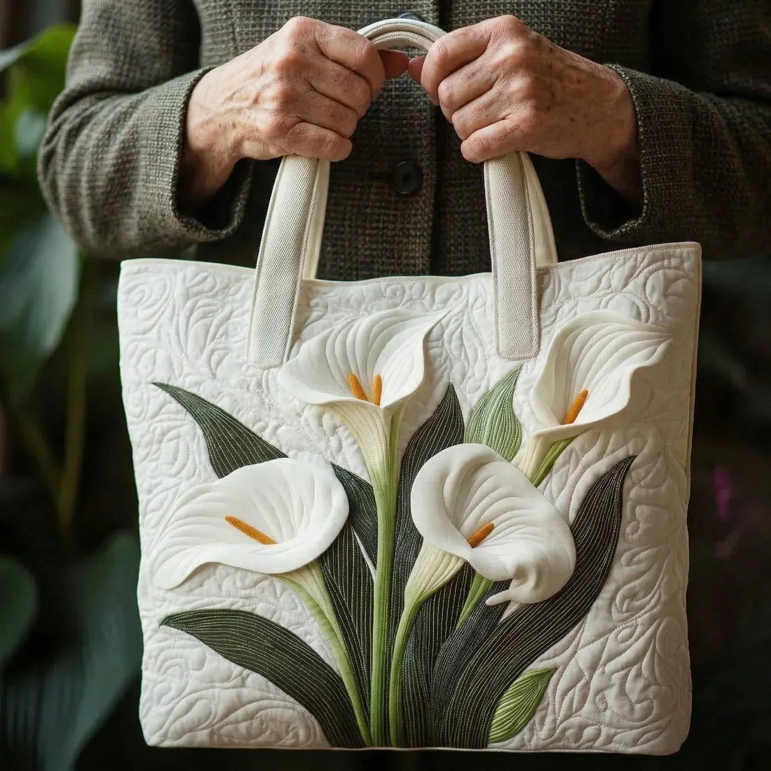 Handcrafted Quilted Bag - White Lily Design