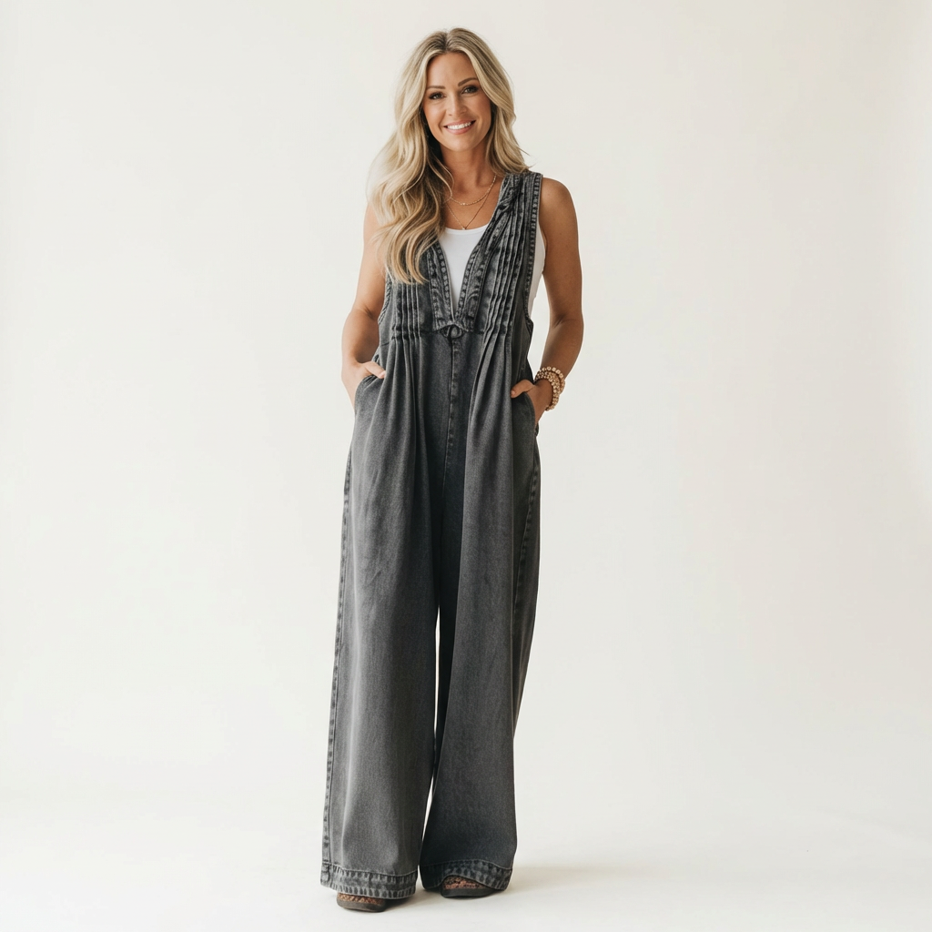 Griselda | Wide-Leg Pleated Denim Jumpsuit