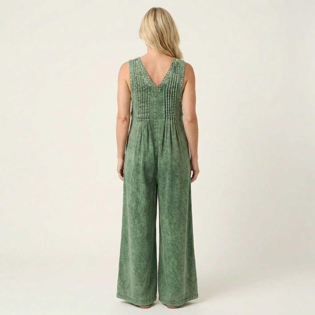 Griselda | Wide-Leg Pleated Denim Jumpsuit
