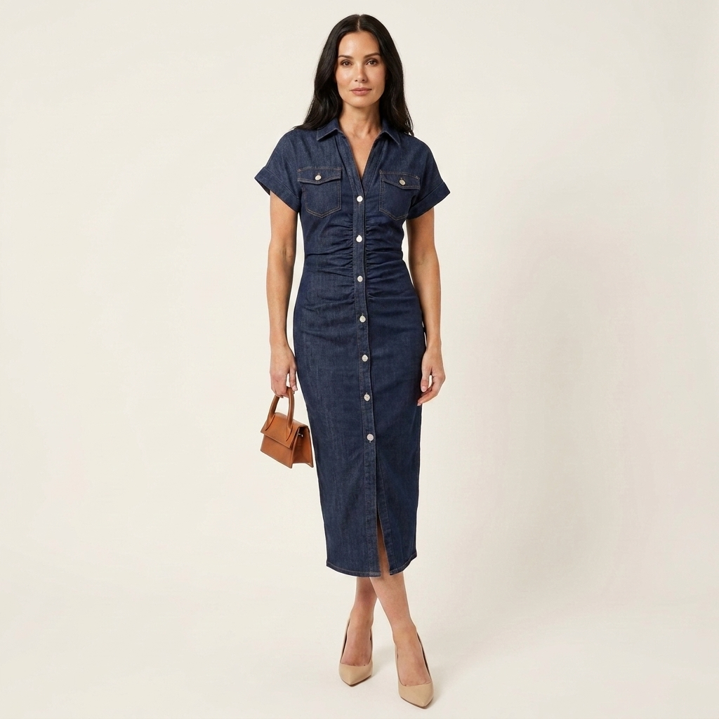 Maya | Midi Bodycon Denim Dress with Front Buttoning