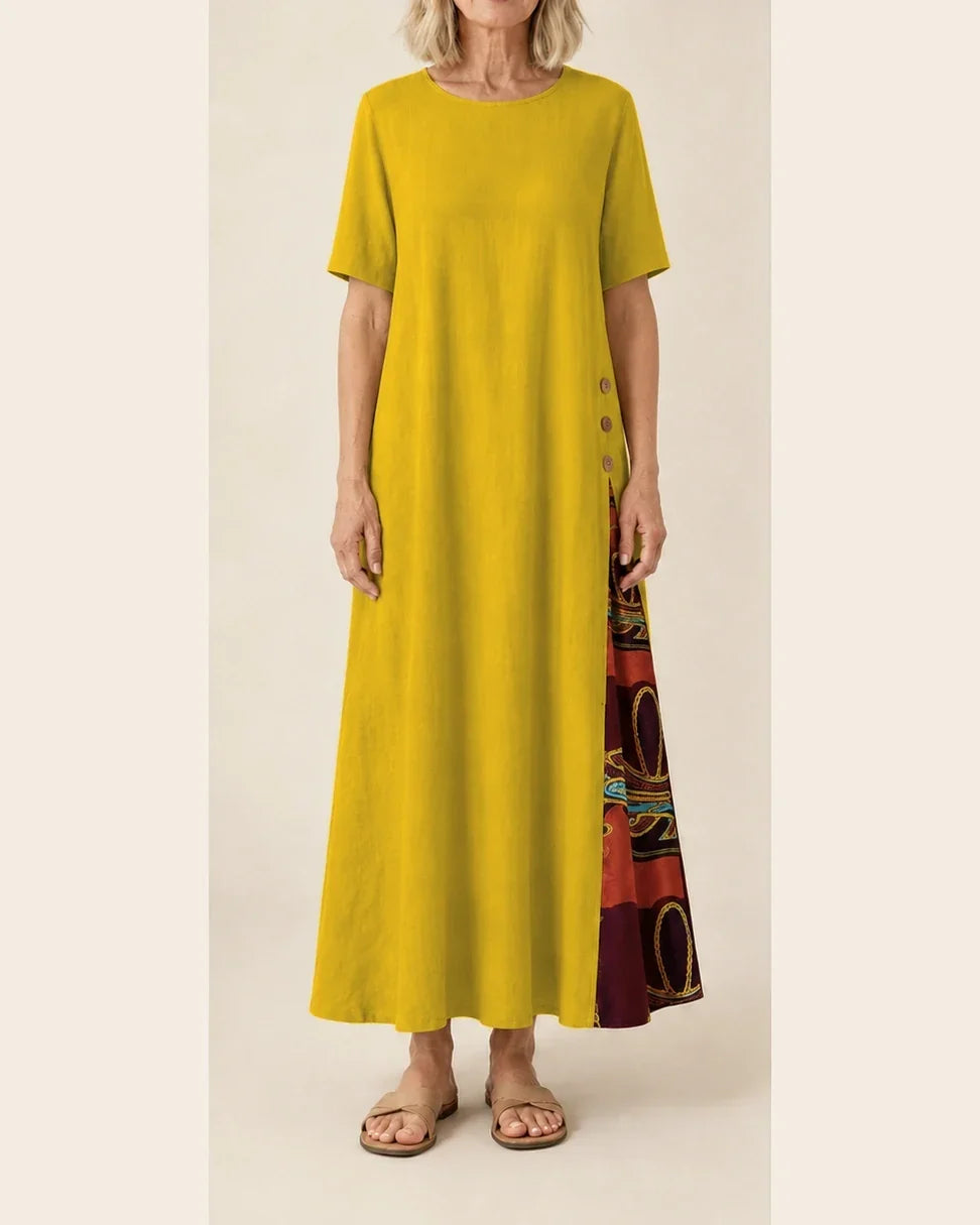 Maurene – Mustard Yellow | Casual Long Dress with Linen Effect