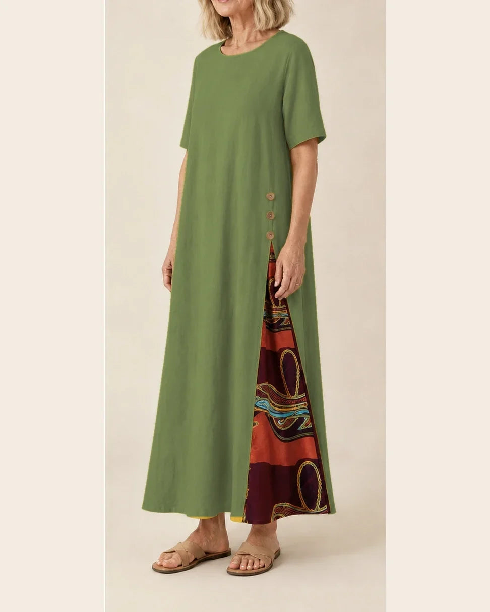Maurene – Olive Green | Casual Long Dress with Linen Effect