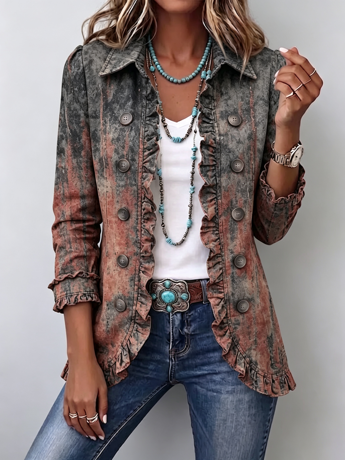 Zoey | Vintage Gradient Textured Print Ruffle Jacket