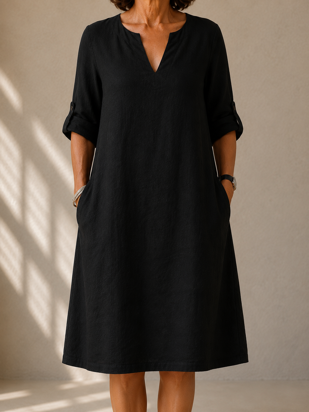 Straight Dress with Rolled-Up Sleeves Pauline